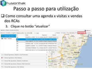 Passo a passo para utilização
 Como consultar uma agenda x visitas x vendas
dos RCAs
3. Clique no botão “atualizar”

 