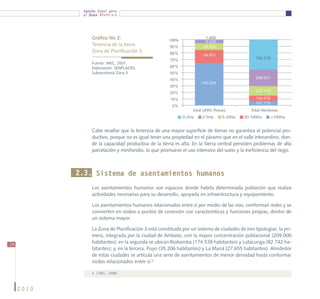 Agenda Zonal para
             el Buen Vivir




                 Gráfico No 2:                        100%
                                                                         1.600
                                                                         9.320
                 Tenencia de la tierra                 90%              24.450
                 Zona de Planificación 3               80%              44.651
                                                       70%                                       706.218
                 Fuente: INEC, 2001.
                 Elaboración: SENPLADES,               60%
                 Subsecretaría Zona 3                  50%
                                                       40%                                       398.921
                                                                      146.034
                                                       30%
                                                                                                 222.140
                                                       20%
                                                       10%                                       134.576
                                                                                                 101.115
                                                        0%
                                                                  total UPAS (fincas)          Total Hectáreas
                                                             0-2Ha     2-5Ha      5-20Ha   20-100Ha        >100Ha


                 Cabe resaltar que la tenencia de una mayor superficie de tierras no garantiza el potencial pro-
                 ductivo, porque no es igual tener una propiedad en el páramo que en el valle interandino, don-
                 de la capacidad productiva de la tierra es alta. En la Sierra central persisten problemas de alta
                 parcelación y minifundio, lo que promueve el uso intensivo del suelo y la ineficiencia del riego.



            2.3. Sistema de asentamientos humanos
                 Los asentamientos humanos son espacios donde habita determinada población que realiza
                 actividades necesarias para su desarrollo, apoyada en infraestructura y equipamiento.

                 Los asentamientos humanos relacionados entre sí por medio de las vías, conforman redes y se
                 convierten en nodos o puntos de conexión con características y funciones propias, dentro de
                 un sistema mayor.

                 La Zona de Planificación 3 está constituida por un sistema de ciudades de tres tipologías: la pri-
                 mera, integrada por la ciudad de Ambato, con la mayor concentración poblacional (209.000
24
                 habitantes); en la segunda se ubican Riobamba (174.538 habitantes) y Latacunga (82.742 ha-
                 bitantes); y, en la tercera, Puyo (35.206 habitantes) y La Maná (27.655 habitantes). Alrededor
                 de estas ciudades se articula una serie de asentamientos de menor densidad hasta conformar
                 nodos relacionados entre sí.5

                 5	 (INEC, 2008)



     2010
 
