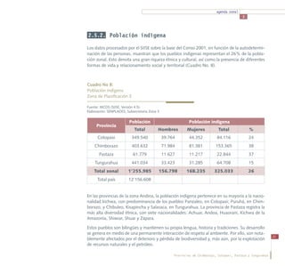 agenda zonal
                                                                                             3




2.5.2. Población indígena

Los datos procesados por el SIISE sobre la base del Censo 2001, en función de la autodetermi-
nación de las personas, muestran que los pueblos indígenas representan el 26% de la pobla-
ción zonal. Esto denota una gran riqueza étnica y cultural, así como la presencia de diferentes
formas de vida y relacionamiento social y territorial (Cuadro No. 8).



Cuadro No 8:
Población indígena
Zona de Planificación 3

Fuente: MCDS (SIISE, Versión 4.5).
Elaboración: SENPLADES, Subsecretaría Zona 3

                         Población                           Población indígena
     Provincia
                            Total          Hombres          Mujeres            Total             %
      Cotopaxi             349.540             39.764        44.352           84.116             24
    Chimborazo             403.632             71.984        81.381          153.365             38
       Pastaza             61.779              11.627        11.217           22.844             37
    Tungurahua             441.034             33.423        31.285           64.708             15
    Total zonal          1’255.985         156.798          168.235         325.033              26
      Total país         12’156.608                                                                


En las provincias de la zona Andina, la población indígena pertenece en su mayoría a la nacio-
nalidad kichwa, con predominancia de los pueblos Panzaleo, en Cotopaxi; Puruhá, en Chim-
borazo; y Chibuleo, Kisapincha y Salasaca, en Tungurahua. La provincia de Pastaza registra la
más alta diversidad étnica, con siete nacionalidades: Achuar, Andoa, Huaorani, Kichwa de la
Amazonía, Shiwiar, Shuar y Zápara.

Estos pueblos son bilingües y mantienen su propia lengua, historia y tradiciones. Su desarrollo
se genera en medio de una permanente interacción de respeto al ambiente. Por ello, son nota-
                                                                                                                31
blemente afectados por el deterioro y pérdida de biodiversidad y, más aún, por la explotación
de recursos naturales y el petróleo.

                                                     Provincias de Chimborazo, Cotopaxi, Pastaza y Tungurahua
 
