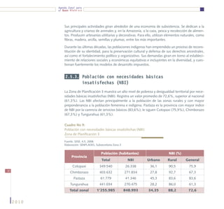 Agenda Zonal para
            el Buen Vivir




                Sus principales actividades giran alrededor de una economía de subsistencia. Se dedican a la
                agricultura y crianza de animales y, en la Amazonía, a la caza, pesca y recolección de alimen-
                tos. Producen artesanías utilitarias y decorativas. Para ello, utilizan elementos naturales, como
                fibras, madera, arcilla, semillas y plumas, entre los más importantes.

                Durante las últimas décadas, las poblaciones indígenas han emprendido un proceso de recons-
                titución de su identidad, para la preservación cultural y defensa de sus derechos ancestrales,
                así como el fortalecimiento político y organizativo. Sus demandas giran en torno al estableci-
                miento de relaciones sociales y económicas equitativas e incluyentes en la diversidad, y cues-
                tionan fuertemente los modelos de desarrollo impuestos.


                 2.5.3. Población con necesidades básicas
                                insatisfechas (NBI)
                La Zona de Planificación 3 muestra un alto nivel de pobreza y desigualdad territorial por nece-
                sidades básicas insatisfechas (NBI). Registra un valor promedio de 72,6%, superior al nacional
                (61,3%). Las NBI afectan principalmente a la población de las zonas rurales y con mayor
                preponderancia a la población femenina e indígena. Pastaza es la provincia con mayor índice
                de NBI por la carencia de servicios básicos (83,6%); le siguen Cotopaxi (75,9%), Chimborazo
                (67,3%) y Tungurahua (61,3%).


                Cuadro No 9:
                Población con necesidades básicas insatisfechas (NBI)
                Zona de Planificación 3

                Fuente: SIISE, 4.5, 2008.
                Elaboración: SENPLADES, Subsecretaría Zona 3


                                            Población (habitantes)                      NBI (%)
                     Provincia
                                            Total                NBI     Urbano        Rural        General
                      Cotopaxi             349.540             26.338      36,1         90,5          75,9
32
                    Chimborazo             403.632             271.834     27,8         92,7          67,3
                       Pastaza             61.779              41.346      45,3         83,6          83,6
                    Tungurahua             441.034             270.475     28,2         86,0          61,3
                    Total zonal          1’255.985             848.993    34,35         88,2          72,6


     2010
 