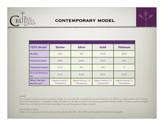 contemporary model

100% Model

Starter

Silver

Gold

Platinum

Monthly

$49

$99

$199

$299

Transaction (Sale)

$995

$495

$199

$49

Transaction (Lease)

$125

$75

$35

0

Errors & Omissions
Ins.

$125

$125

$125

$125

Agents closing 1
Transaction

Agents closing 2-4
Transactions

Agents closing 5-7
Transactions

Agents closing 8+
Transactions

What is the best
plan for you?

!
!
LEADS!
As a company we get a tremendous amount of leads. We out market the competition by far and utilize the web extensively. Approximately 86% of buyers
start on the Internet ﬁrst, we capitalize on this and make sure our sites are easily found and lead generation friendly. We have a massive amount of organic
trafﬁc to our web sites and with other marketing; we receive thousands of visitors a month!

!

Pay schedule on leads:!
In the event we give you a lead, we pay you 60% instead of the 100%. (Note: E&O and Transaction Coordination still apply)!

 