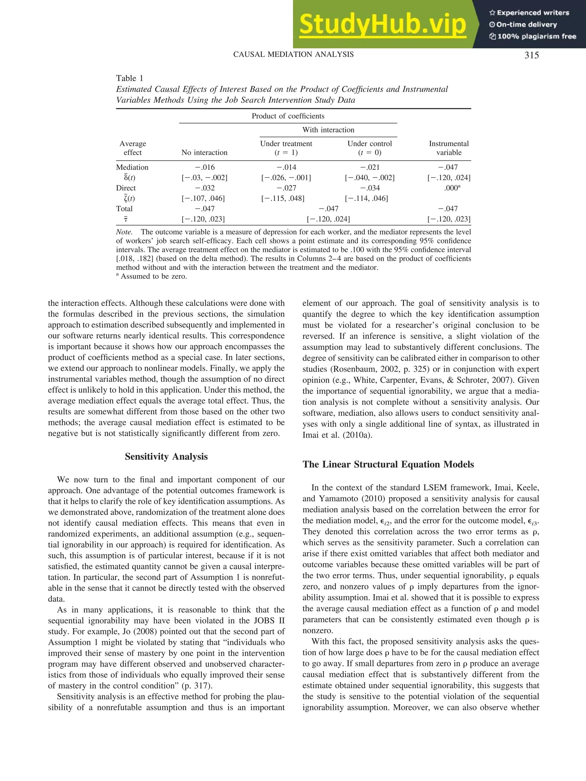 the interaction effects. Although these calculations were done with
the formulas described in the previous sections, the simulation
approach to estimation described subsequently and implemented in
our software returns nearly identical results. This correspondence
is important because it shows how our approach encompasses the
product of coefficients method as a special case. In later sections,
we extend our approach to nonlinear models. Finally, we apply the
instrumental variables method, though the assumption of no direct
effect is unlikely to hold in this application. Under this method, the
average mediation effect equals the average total effect. Thus, the
results are somewhat different from those based on the other two
methods; the average causal mediation effect is estimated to be
negative but is not statistically significantly different from zero.
Sensitivity Analysis
We now turn to the final and important component of our
approach. One advantage of the potential outcomes framework is
that it helps to clarify the role of key identification assumptions. As
we demonstrated above, randomization of the treatment alone does
not identify causal mediation effects. This means that even in
randomized experiments, an additional assumption (e.g., sequen-
tial ignorability in our approach) is required for identification. As
such, this assumption is of particular interest, because if it is not
satisfied, the estimated quantity cannot be given a causal interpre-
tation. In particular, the second part of Assumption 1 is nonrefut-
able in the sense that it cannot be directly tested with the observed
data.
As in many applications, it is reasonable to think that the
sequential ignorability may have been violated in the JOBS II
study. For example, Jo (2008) pointed out that the second part of
Assumption 1 might be violated by stating that “individuals who
improved their sense of mastery by one point in the intervention
program may have different observed and unobserved character-
istics from those of individuals who equally improved their sense
of mastery in the control condition” (p. 317).
Sensitivity analysis is an effective method for probing the plau-
sibility of a nonrefutable assumption and thus is an important
element of our approach. The goal of sensitivity analysis is to
quantify the degree to which the key identification assumption
must be violated for a researcher’s original conclusion to be
reversed. If an inference is sensitive, a slight violation of the
assumption may lead to substantively different conclusions. The
degree of sensitivity can be calibrated either in comparison to other
studies (Rosenbaum, 2002, p. 325) or in conjunction with expert
opinion (e.g., White, Carpenter, Evans, & Schroter, 2007). Given
the importance of sequential ignorability, we argue that a media-
tion analysis is not complete without a sensitivity analysis. Our
software, mediation, also allows users to conduct sensitivity anal-
yses with only a single additional line of syntax, as illustrated in
Imai et al. (2010a).
The Linear Structural Equation Models
In the context of the standard LSEM framework, Imai, Keele,
and Yamamoto (2010) proposed a sensitivity analysis for causal
mediation analysis based on the correlation between the error for
the mediation model, ⑀i2, and the error for the outcome model, ⑀i3.
They denoted this correlation across the two error terms as ␳,
which serves as the sensitivity parameter. Such a correlation can
arise if there exist omitted variables that affect both mediator and
outcome variables because these omitted variables will be part of
the two error terms. Thus, under sequential ignorability, ␳ equals
zero, and nonzero values of ␳ imply departures from the ignor-
ability assumption. Imai et al. showed that it is possible to express
the average causal mediation effect as a function of ␳ and model
parameters that can be consistently estimated even though ␳ is
nonzero.
With this fact, the proposed sensitivity analysis asks the ques-
tion of how large does ␳ have to be for the causal mediation effect
to go away. If small departures from zero in ␳ produce an average
causal mediation effect that is substantively different from the
estimate obtained under sequential ignorability, this suggests that
the study is sensitive to the potential violation of the sequential
ignorability assumption. Moreover, we can also observe whether
Table 1
Estimated Causal Effects of Interest Based on the Product of Coefficients and Instrumental
Variables Methods Using the Job Search Intervention Study Data
Average
effect
Product of coefficients
Instrumental
variable
No interaction
With interaction
Under treatment
(t ⫽ 1)
Under control
(t ⫽ 0)
Mediation ⫺.016 ⫺.014 ⫺.021 ⫺.047
␦
៮(t) [⫺.03, ⫺.002] [⫺.026, ⫺.001] [⫺.040, ⫺.002] [⫺.120, .024]
Direct ⫺.032 ⫺.027 ⫺.034 .000a
␨
៮(t) [⫺.107, .046] [⫺.115, .048] [⫺.114, .046]
Total ⫺.047 ⫺.047 ⫺.047
␶
៮ [⫺.120, .023] [⫺.120, .024] [⫺.120, .023]
Note. The outcome variable is a measure of depression for each worker, and the mediator represents the level
of workers’ job search self-efficacy. Each cell shows a point estimate and its corresponding 95% confidence
intervals. The average treatment effect on the mediator is estimated to be .100 with the 95% confidence interval
[.018, .182] (based on the delta method). The results in Columns 2–4 are based on the product of coefficients
method without and with the interaction between the treatment and the mediator.
a
Assumed to be zero.
315
CAUSAL MEDIATION ANALYSIS
 