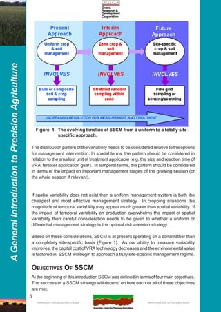 5
AGeneralIntroductiontoPrecisionAgriculture
www.usyd.edu.au/su/agric/acpa www.usyd.edu.au/su/agric/acpa
The distribution pattern of the variability needs to be considered relative to the options
for management intervention. In spatial terms, the pattern should be considered in
relation to the smallest unit of treatment applicable (e.g. the size and reaction time of
VRA fertilser application gear). In temporal terms, the pattern should be considered
in terms of the impact on important management stages of the growing season (or
the whole season if relevant).
If spatial variability does not exist then a uniform management system is both the
cheapest and most effective management strategy. In cropping situations the
magnitude of temporal variability may appear much greater than spatial variability. If
the impact of temporal variability on production overwhelms the impact of spatial
variability then careful consideration needs to be given to whether a uniform or
differential management strategy is the optimal risk aversion strategy.
Based on these considerations, SSCM is at present operating on a zonal rather than
a completely site-specific basis (Figure 1). As our ability to measure variability
improves, the capital cost of VRA technology decreases and the environmental value
is factored in, SSCM will begin to approach a truly site-specific management regime.
OBJECTIVES OF SSCM
At the beginning of this introduction SSCM was defined in terms of four main objectives.
The success of a SSCM strategy will depend on how each or all of these objectives
are met.
Figure 1. The evolving timeline of SSCM from a uniform to a totally site-
specific approach.
 