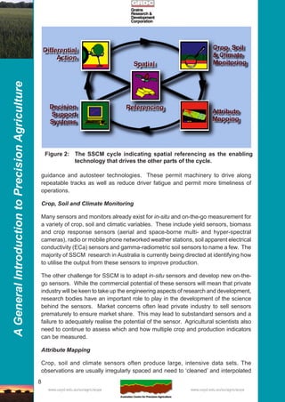 8
AGeneralIntroductiontoPrecisionAgriculture
www.usyd.edu.au/su/agric/acpa www.usyd.edu.au/su/agric/acpa
guidance and autosteer technologies. These permit machinery to drive along
repeatable tracks as well as reduce driver fatigue and permit more timeliness of
operations.
Crop, Soil and Climate Monitoring
Many sensors and monitors already exist for in-situ and on-the-go measurement for
a variety of crop, soil and climatic variables. These include yield sensors, biomass
and crop response sensors (aerial and space-borne multi- and hyper-spectral
cameras), radio or mobile phone networked weather stations, soil apparent electrical
conductivity (ECa) sensors and gamma-radiometric soil sensors to name a few. The
majority of SSCM research in Australia is currently being directed at identifying how
to utilise the output from these sensors to improve production.
The other challenge for SSCM is to adapt in-situ sensors and develop new on-the-
go sensors. While the commercial potential of these sensors will mean that private
industry will be keen to take up the engineering aspects of research and development,
research bodies have an important role to play in the development of the science
behind the sensors. Market concerns often lead private industry to sell sensors
prematurely to ensure market share. This may lead to substandard sensors and a
failure to adequately realise the potential of the sensor. Agricultural scientists also
need to continue to assess which and how multiple crop and production indicators
can be measured.
Attribute Mapping
Crop, soil and climate sensors often produce large, intensive data sets. The
observations are usually irregularly spaced and need to ‘cleaned’ and interpolated
Figure 2: The SSCM cycle indicating spatial referencing as the enabling
technology that drives the other parts of the cycle.
 