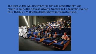The release date was December the 18th and overall the film was
played in over 4100 cinemas in North America and a domestic revenue
of $2,058,662,225 (the third highest grossing film of all time).
 