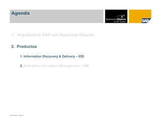 Agenda



  1. Arquitectura SAP con Business Objects

  2. Productos

              1. Information Discovery & Delivery – IDD

              2. Enterprise Information Management – EIM




© SAP 2007 / Page 11
 