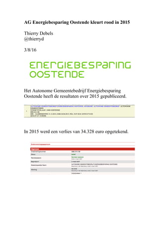 AG Energiebesparing Oostende kleurt rood in 2015
Thierry Debels
@thierryd
3/8/16
Het Autonome Gemeentebedrijf Energiebesparing
Oostende heeft de resultaten over 2015 gepubliceerd.
In 2015 werd een verlies van 34.328 euro opgetekend.
 
