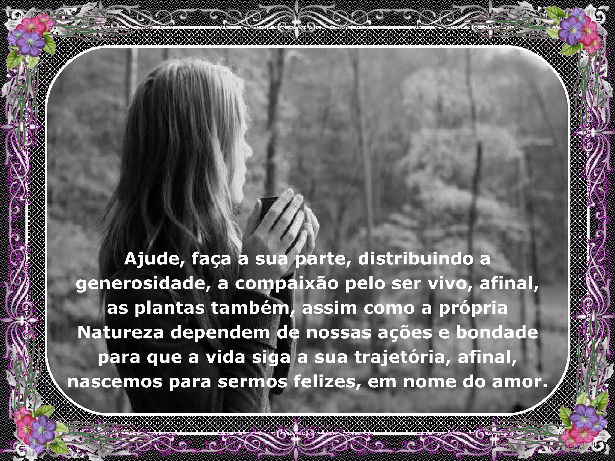 Ajude, faça a sua parte, distribuindo a generosidade, a compaixão pelo ser vivo, afinal, as plantas também, assim como a própria Natureza dependem de nossas ações e bondade para que a vida siga a sua trajetória, afinal, nascemos para sermos felizes, em nome do amor.