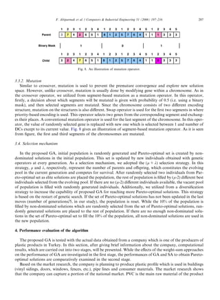3.3.2. Mutation
Similar to crossover, mutation is used to prevent the premature convergence and explore new solution
space. However, unlike crossover, mutation is usually done by modifying gene within a chromosome. As in
the crossover operator, we utilized from segment-based mutation as a mutation operator. In this operator,
ﬁrstly, a decision about which segments will be mutated is given with probability of 0.5 (i.e. using a binary
mask), and then selected segments are mutated. Since the chromosome consists of two diﬀerent encoding
structure, mutation on the structures is also diﬀerent. Swap operator is used for the ﬁrst two segments in where
priority-based encoding is used. This operator selects two genes from the corresponding segment and exchang-
es their places. A conventional mutation operator is used for the last segment of the chromosome. In this oper-
ator, the value of randomly selected gene is replaced with new one which is selected between 1 and number of
DCs except to its current value. Fig. 8 gives an illustration of segment-based mutation operator. As it is seen
from ﬁgure, the ﬁrst and third segments of the chromosomes are mutated.
3.4. Selection mechanism
In the proposed GA, initial population is randomly generated and Pareto-optimal set is created by non-
dominated solutions in the initial population. This set is updated by new individuals obtained with genetic
operators at every generation. As a selection mechanism, we adopted the (l + k) selection strategy. In this
strategy, l and k, respectively, represent the number of parents and oﬀspring, which constitutes the evolving
pool in the current generation and competes for survival. After randomly selected two individuals from Par-
eto-optimal set as elite solutions are placed the population, the rest of population is ﬁlled by (l-2) diﬀerent best
individuals selected from the evolving pool. If there are no (l-2) diﬀerent individuals available, the vacant pool
of population is ﬁlled with randomly generated individuals. Additionally, we utilized from a diversiﬁcation
strategy to increase the capability of proposed GA for reaching more Pareto-optimal solutions. This strategy
is based on the restart of genetic search. If the set of Pareto-optimal solutions has not been updated in the last
moves (number of generations/5, in our study), the population is reset. While the 10% of the population is
ﬁlled by non-dominated solutions which are randomly selected from the set of Pareto-optimal solutions, ran-
domly generated solutions are placed to the rest of population. If there are no enough non-dominated solu-
tions in the set of Pareto-optimal set to ﬁll the 10% of the population, all non-dominated solutions are used in
the new population.
4. Performance evaluation of the algorithm
The proposed GA is tested with the actual data obtained from a company which is one of the producers of
plastic products in Turkey. In this section, after giving brief information about the company, computational
results, which are carried out into two stages, will be presented. While the eﬀects of the weight-sum approaches
on the performance of GA are investigated in the ﬁrst stage, the performances of GA and SA to obtain Pareto-
optimal solutions are comparatively examined in the second stage.
Based on the market research, the company is planning to produce plastic proﬁle which is used in buildings
(vinyl sidings, doors, windows, fences, etc.), pipe lines and consumer materials. The market research shows
that the company can capture a portion of the national market. PVC is the main raw material of the product
33311146752181562473
54321543213214321321
Parent
101
33321146752181567423
54321543213214321321
Binary Mask
Child
Fig. 8. An illustration of mutation operator.
F. Altiparmak et al. / Computers  Industrial Engineering 51 (2006) 197–216 207
 