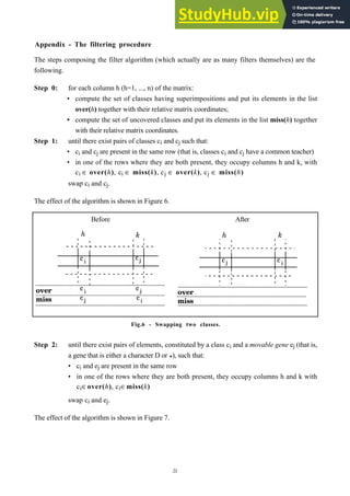 21
Appendix - The filtering procedure
The steps composing the filter algorithm (which actually are as many filters themselves) are the
following.
Step 0: for each column h (h=1, ..., n) of the matrix:
• compute the set of classes having superimpositions and put its elements in the list
over(h) together with their relative matrix coordinates;
• compute the set of uncovered classes and put its elements in the list miss(h) together
with their relative matrix coordinates.
Step 1: until there exist pairs of classes ci and cj such that:
• ci and cj are present in the same row (that is, classes ci and cj have a common teacher)
• in one of the rows where they are both present, they occupy columns h and k, with
ci ∈ over(h), ci ∈ miss(k), cj ∈ over(k), cj ∈ miss(h)
swap ci and cj.
The effect of the algorithm is shown in Figure 6.
Before After
over
miss
h k
ci
ci
ci
cj
cj
cj
over
miss
ci
cj
h k
Fig.6 - Swapping two classes.
Step 2: until there exist pairs of elements, constituted by a class ci and a movable gene ej (that is,
a gene that is either a character D or ♦), such that:
• ci and ej are present in the same row
• in one of the rows where they are both present, they occupy columns h and k with
ci∈over(h), ci∈miss(k)
swap ci and ej.
The effect of the algorithm is shown in Figure 7.
 