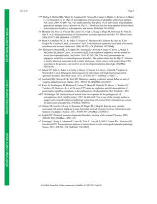 Coe et al.

Page 9

HHMI Author Manuscript
HHMI Author Manuscript

57*. Helbig I, Mefford HC, Sharp AJ, Guipponi M, Fichera M, Franke A, Muhle H, de Kovel C, Baker
C, von Spiczak S, et al. 15q13.3 microdeletions increase risk of idiopathic generalized epilepsy.
Nat Genet. 2009; 41:160–162. This study identified that about 1% of individuals with idiopathic
generalized epilepsy carry a deletion on 15q13.3. This locus has also been reported in individuals
with intellectual disability, schizophrenia, and autism. [PubMed: 19136953]
58. Marshall CR, Noor A, Vincent JB, Lionel AC, Feuk L, Skaug J, Shago M, Moessner R, Pinto D,
Ren Y, et al. Structural variation of chromosomes in autism spectrum disorder. Am J Hum Genet.
2008; 82:477–488. [PubMed: 18252227]
59. Sharp AJ, Mefford HC, Li K, Baker C, Skinner C, Stevenson RE, Schroer RJ, Novara F, De
Gregori M, Ciccone R, et al. A recurrent 15q13.3 microdeletion syndrome associated with mental
retardation and seizures. Nat Genet. 2008; 40:322–328. [PubMed: 18278044]
60*. Girirajan S, Rosenfeld JA, Cooper GM, Antonacci F, Siswara P, Itsara A, Vives L, Walsh T,
McCarthy SE, Baker C, et al. A recurrent 16p12.1 microdeletion supports a two-hit model for
severe developmental delay. Nat Genet. 2010; 42:203–209. This study demonstrates an
oligogenic model for neurodevelopmental disorders. The authors show that the 16p12.1 deletion
is mostly inherited, associated with a milder phenotype, but in concert with another large CNV
elsewhere in the genome, can result in severe developmental delay phenotype. [PubMed:
20154674]
61. Schaaf CP, Sabo A, Sakai Y, Crosby J, Muzny D, Hawes A, Lewis L, Akbar H, Varghese R,
Boerwinkle E, et al. Oligogenic heterozygosity in individuals with high-functioning autism
spectrum disorders. Hum Mol Genet. 2011; 20:3366–3375. [PubMed: 21624971]
62. Auerbach BD, Osterweil EK, Bear MF. Mutations causing syndromic autism define an axis of
synaptic pathophysiology. Nature. 2011; 480:63–68. [PubMed: 22113615]
63. Kirov G, Pocklington AJ, Holmans P, Ivanov D, Ikeda M, Ruderfer D, Moran J, Chambert K,
Toncheva D, Georgieva L, et al. De novo CNV analysis implicates specific abnormalities of
postsynaptic signalling complexes in the pathogenesis of schizophrenia. Mol Psychiatry. 2011
64**. Weinberger DR. Implications of normal brain development for the pathogenesis of
schizophrenia. Arch Gen Psychiatry. 1987; 44:660–669. This is one of the primary studies to
suggest early neurodevelopment pathology interacting with normal brain maturation as a cause
for adult onset schizophrenia. [PubMed: 3606332]
65. Gilman SR, Iossifov I, Levy D, Ronemus M, Wigler M, Vitkup D. Rare de novo variants
associated with autism implicate a large functional network of genes involved in formation and
function of synapses. Neuron. 2011; 70:898–907. [PubMed: 21658583]
66. Zoghbi HY. Postnatal neurodevelopmental disorders: meeting at the synapse? Science. 2003;
302:826–830. [PubMed: 14593168]
67. Voineagu I, Wang X, Johnston P, Lowe JK, Tian Y, Horvath S, Mill J, Cantor RM, Blencowe BJ,
Geschwind DH. Transcriptomic analysis of autistic brain reveals convergent molecular pathology.
Nature. 2011; 474:380–384. [PubMed: 21614001]

HHMI Author Manuscript
Curr Opin Neurobiol. Author manuscript; available in PMC 2013 April 01.

 