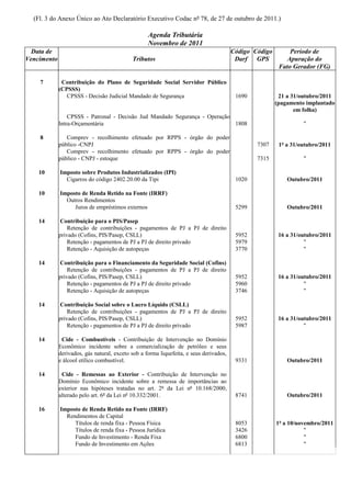 (Fl. 3 do Anexo Único ao Ato Declaratório Executivo Codac nº 78, de 27 de outubro de 2011.)

                                                   Agenda Tributária
                                                   Novembro de 2011
  Data de                                                                               Código Código        Período de
Vencimento                                  Tributos                                     Darf GPS           Apuração do
                                                                                                         Fato Gerador (FG)

    7         Contribuição do Plano de Seguridade Social Servidor Público
             (CPSSS)
                CPSSS - Decisão Judicial Mandado de Segurança                            1690            21 a 31/outubro/2011
                                                                                                        (pagamento implantado
                                                                                                               em folha)
                 CPSSS - Patronal - Decisão Jud Mandado Segurança - Operação
             Intra-Orçamentária                                              1808                                 "

    8           Comprev - recolhimento efetuado por RPPS - órgão do poder
             público -CNPJ                                                                      7307     1º a 31/outubro/2011
                Comprev - recolhimento efetuado por RPPS - órgão do poder
             público - CNPJ - estoque                                                           7315              "

    10       Imposto sobre Produtos Industrializados (IPI)
               Cigarros do código 2402.20.00 da Tipi                                     1020               Outubro/2011

    10       Imposto de Renda Retido na Fonte (IRRF)
               Outros Rendimentos
                  Juros de empréstimos externos                                          5299               Outubro/2011

    14        Contribuição para o PIS/Pasep
                 Retenção de contribuições - pagamentos de PJ a PJ de direito
             privado (Cofins, PIS/Pasep, CSLL)                                           5952            16 a 31/outubro/2011
                 Retenção - pagamentos de PJ a PJ de direito privado                     5979                      "
                 Retenção - Aquisição de autopeças                                       3770                      "

    14        Contribuição para o Financiamento da Seguridade Social (Cofins)
                 Retenção de contribuições - pagamentos de PJ a PJ de direito
             privado (Cofins, PIS/Pasep, CSLL)                                           5952            16 a 31/outubro/2011
                 Retenção - pagamentos de PJ a PJ de direito privado                     5960                      "
                 Retenção - Aquisição de autopeças                                       3746                      "

    14        Contribuição Social sobre o Lucro Líquido (CSLL)
                 Retenção de contribuições - pagamentos de PJ a PJ de direito
             privado (Cofins, PIS/Pasep, CSLL)                                           5952            16 a 31/outubro/2011
                 Retenção - pagamentos de PJ a PJ de direito privado                     5987                      "

    14        Cide - Combustíveis - Contribuição de Intervenção no Domínio
             Econômico incidente sobre a comercialização de petróleo e seus
             derivados, gás natural, exceto sob a forma liquefeita, e seus derivados,
             e álcool etílico combustível.                                               9331               Outubro/2011

    14        Cide - Remessas ao Exterior - Contribuição de Intervenção no
             Domínio Econômico incidente sobre a remessa de importâncias ao
             exterior nas hipóteses tratadas no art. 2º da Lei nº 10.168/2000,
             alterado pelo art. 6º da Lei nº 10.332/2001.                                8741               Outubro/2011

    16       Imposto de Renda Retido na Fonte (IRRF)
               Rendimentos de Capital
                  Títulos de renda fixa - Pessoa Física                                  8053           1º a 10/novembro/2011
                  Títulos de renda fixa - Pessoa Jurídica                                3426                      "
                  Fundo de Investimento - Renda Fixa                                     6800                      "
                  Fundo de Investimento em Ações                                         6813                      "
 