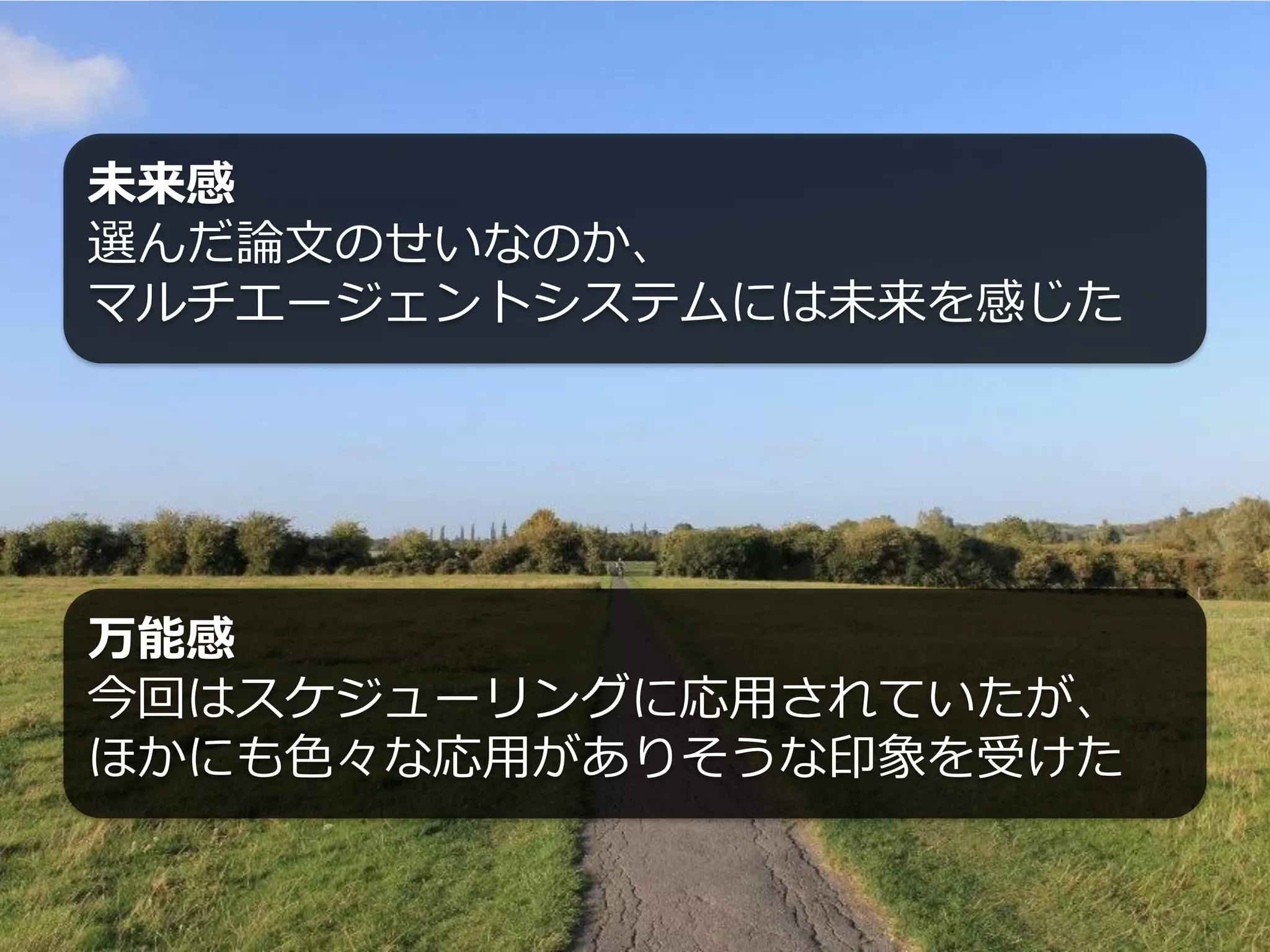 未来感
選んだ論文のせいなのか、
マルチエージェントシステムには未来を感じた




万能感
今回はスケジューリングに応用されていたが、
ほかにも色々な応用がありそうな印象を受けた
 