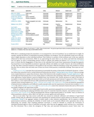 While this is a tantalizing prospect for researchers, it is accompanied by a new set of problems. Let us consider how we might, for
example, simulate the behavior of individuals evacuating a building in an emergency. How the individuals would react in this situ-
ation is highly dependent on their individual attributes. Their behavior is a product of their attributes and, in this case, explicitly
inﬂuenced by their local environment. While we are approaching the point where we can obtain and build this information
into our agents, we need a corresponding amount of data to calibrate and validate the behavior. As Heppenstall et al. (2016)
note, it is ironic that the disaggregation of data down to the individual level to give better representation through heterogeneity
has meant that it is near impossible (at present) to rigorously calibrate and validate our models. However, the recent proliferation
of “big” data offers a potential resolution to this problem in the near future. While the abundance of data will contribute to solving
this issue, how we extract value and make sense of these new forms of data presents a considerable challenge. These issues are revis-
ited here.
O’Sullivan et al. (2012) speculate that social systems are potentially the product of thousands of individual’s decisionsdit there-
fore follows that researchers need to include behavioral frameworks (see section “Making Agents More Human”) that can manage
more complex behaviors to capture these decisions. Many of the behaviors in the examples in section “Example Applications” oper-
ate through rule-based systems that are more closely related to mathematics than psychology. While this is entirely appropriate for
some applications, human behavior cannot be distilled down into formulaic rules. Human decisions are made on the basis of
incomplete or assumed knowledge with decisions which can be both spontaneous and irrational. To grasp some of this complexity,
there needs to a more explicit link between ABM and behavioral frameworks. Frameworks such as BDI (Bratman et al., 1988) are
a popular choice among modelers (e.g., Müller, 1998; Rao and Georgeff, 1995; Taylor et al., 2004), but are limited by assumptions
of rational decision making that can be difﬁcult to justify as people rarely meet the requirements of rational choice models (Axelrod,
1997). The work of Malleson et al. (2012) and Pires and Crooks (2016) shows how alternative frameworks such as PECS can be
successfully integrated with agent-based models.
While we can begin to create more complex agent-based models, quantitative geography has not yet focused on the development
of methods for measuring and analyzing individual units as part of a massively interactive, dynamic, and nonlinear system (Batty
and Torrens, 2005; Torrens, 2010). This has precipitated the criticism of agent-based models as “toy models,” that is, an absence of
robust quantitative schemes to allow ABM to be held up to account against real-world systems.
This is an area where “big” data sources could offer new avenues for multiscale calibration and validation of agent-based
models. Putting aside the difﬁculties associated with quantifying the similarity between spatial patterns (as discussed in section
“Evaluating a Model”), the aggregate analysis of model results is often relatively unproblematic. But for patterns at higher
spatiotemporal resolutions, assessing the reliability of model results can be extremely difﬁcult when appropriate data are less
forthcoming. For example, when modeling pedestrian movement, it would be desirable to compare the movements of
individual-simulated agents to those of individual real people, rather than just the aggregate model outcomes (e.g., crowd densi-
ties, ﬂow directions). This is where the emergence of “big” data, and associated developments around “smart cities,” are
Table 3 A selection of the studies utilizing GIS and ABM
Author Application Entity Behavior Spatial scale
Temporal
scale
Batty et al. (2003) Public event Individuals Mathematical Neighborhood Seconds
Torrens and McDaniel (2013) Riots Individuals Mathematical Neighborhood Seconds
Crooks et al. (2015a) Indoor movement Individuals Mathematical Indoor scene Seconds
Crooks and Hailegiorgis
(2014)
Disease propagation Individuals Mathematical City Minutes
Eubank et al. (2004) Disease propagation and urban
trafﬁc
Individuals Mathematical City Seconds
Malleson et al. (2013) Crime Individuals Cognitive
framework
Neighborhood Minutes
Groff (2007) Crime Individuals Mathematical City Hours
Manley et al. (2014) Trafﬁc Individuals Mathematical City center Seconds
Dawson et al. (2011) Flooding Individuals Mathematical Town Minutes
Heppenstall et al. (2006) Retail Individuals Mathematical City Days
Benenson et al. (2002) Residential location Individuals Mathematical Neighborhood Years
Augustijn-Beckers et al.
(2011)
Informal settlement growth Households Mathematical Neighborhood Days
Jordan et al. (2014) Regeneration Households Mathematical Neighborhood Years
Haase et al. (2010) Urban shrinkage Households Mathematical City Years
Xie and Fan (2014) Urban growth Institutions and
developers
Mathematical Region Years
Pumain (2012) City systems City Mathematical Countries and
continents
Years
Adapted from Heppenstall, A., Malleson, N. and Crooks, A. T. (2016). “Space, the ﬁnal frontier”: How good are agent-based models at simulating individuals and space in cities?
Systems 4(1): 9. Available at http://www.mdpi.com/2079-8954/4/1/9/html.
236 Agent-Based Modeling
Comprehensive Geographic Information Systems, First Edition, 2018, 218–243
 