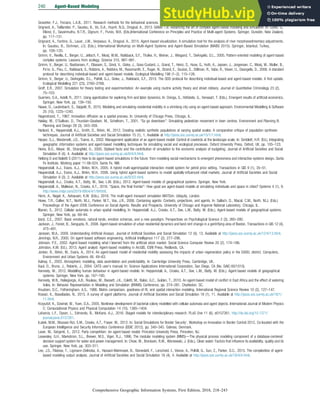 Gravetter, F.J., Forzano, L.A.B., 2011. Research methods for the behavioral sciences. In: 4th edn. Wadsworth Publishing, Belmont, CA.
Grignard, A., Taillandier, P., Gaudou, B., Vo, D.A., Huynh, N.Q., Drogoul, A., 2013. GAMA 1.6: Advancing the art of complex agent-based modeling and simulation. In: Guido, G.,
Elkind, E., Savarimuthu, B.T.R., Dignum, F., Purvis, M.K. (Eds.)International Conference on Principles and Practice of Multi-agent Systems. Springer, Dunedin, New Zealand,
pp. 117–131.
Grignard, A., Fantino, G., Lauer, J.W., Verpeaux, A., Drogoul, A., 2015. Agent-based visualization: A simulation tool for the analysis of river morphosedimentary adjustments.
In: Gaudou, B., Sichman, J.S. (Eds.), International Workshop on Multi-Agent Systems and Agent-Based Simulation (MABS 2015). Springer, Istanbul, Turkey,
pp. 109–120.
Grimm, V., Revilla, E., Berger, U., Jeltsch, F., Mooij, W.M., Railsback, S.F., Thulke, H., Weiner, J., Wiegand, T., DeAngelis, D.L., 2005. Pattern-oriented modeling of agent-based
complex systems: Lessons from ecology. Science 310, 987–991.
Grimm, V., Berger, U., Bastiansen, F., Eliassen, S., Ginot, V., Giske, J., Goss-Custard, J., Grand, T., Heinz, S., Huse, G., Huth, A., Jepsen, J., Jorgensen, C., Mooij, W., Muller, B.,
Pe’er, G., Piou, C., Railsback, S., Robbins, A., Robbins, M., Rossmanith, E., Ruger, N., Strand, E., Souissi, S., Stillman, R., Vabo, R., Visser, U., Deangelis, D., 2006. A standard
protocol for describing individual-based and agent-based models. Ecological Modelling 198 (1–2), 115–126.
Grimm, V., Berger, U., DeAngelis, D.L., Polhill, G.J., Giske, J., Railsback, S.F., 2010. The ODD protocol for describing individual-based and agent-based models: A ﬁrst update.
Ecological Modelling 221 (23), 2760–2768.
Groff, E.R., 2007. Simulation for theory testing and experimentation: An example using routine activity theory and street robbery. Journal of Quantitative Criminology 23 (2),
75–103.
Guerrero, O.A., Axtell, R., 2011. Using agentization for exploring ﬁrm and labor dynamics. In: Osinga, S., Hofstede, G., Verwaart, T. (Eds.), Emergent results of artiﬁcial economics.
Springer, New York, pp. 139–150.
Haase, D., Lautenbach, S., Seppelt, R., 2010. Modeling and simulating residential mobility in a shrinking city using an agent-based approach. Environmental Modelling  Software
25 (10), 1225–1240.
Hagerstrand, T., 1967. Innovation diffusion as a spatial process. In: University of Chicago Press, Chicago, IL.
Haklay, M., O’Sullivan, D., Thurstain-Goodwin, M., Schelhorn, T., 2001. “So go downtown”: Simulating pedestrian movement in town centres. Environment and Planning B:
Planning and Design 28 (3), 343–359.
Harland, K., Heppenstall, A.J., Smith, D., Birkin, M., 2012. Creating realistic synthetic populations at varying spatial scales: A comparative critique of population synthesis
techniques. Journal of Artiﬁcial Societies and Social Simulation 15 (1), 1. Available at http://jasss.soc.surrey.ac.uk/15/1/1.html.
Harper, S.J., Westervelt, J.D., Trame, A., 2002. Management application of an agent-based model: Control of cowbirds at the landscape scale. In: Gimblett, H.R. (Ed.), Integrating
geographic information systems and agent-based modelling techniques for simulating social and ecological processes. Oxford University Press, Oxford, UK, pp. 105–123.
Heine, B.O., Meyer, M., Strangfeld, O., 2005. Stylised facts and the contribution of simulation to the economic analysis of budgeting. Journal of Artiﬁcial Societies and Social
Simulation 8 (4), 4. Available at http://jasss.soc.surrey.ac.uk/8/4/4.html.
Helbing D and Balietti S (2011) How to do agent-based simulations in the future: from modeling social mechanisms to emergent phenomena and interactive systems design. Santa
Fe Institute, Working paper 11-06-024, Santa Fe, NM.
Heppenstall, A.J., Evans, A.J., Birkin, M.H., 2005. A hybrid multi-agent/spatial interaction model system for petrol price setting. Transactions in GIS 9 (1), 35–51.
Heppenstall, A.J., Evans, A.J., Birkin, M.H., 2006. Using hybrid agent-based systems to model spatially-inﬂuenced retail markets. Journal of Artiﬁcial Societies and Social
Simulation 9 (3), 2. Available at http://jasss.soc.surrey.ac.uk/9/3/2.html.
Heppenstall, A.J., Crooks, A.T., Batty, M., See, L.M. (Eds.), 2012. Agent-based models of geographical systems. Springer, New York.
Heppenstall, A., Malleson, N., Crooks, A.T., 2016. “Space, the ﬁnal frontier”: How good are agent-based models at simulating individuals and space in cities? Systems 4 (1), 9.
http://www.mdpi.com/2079-8954/4/1/9/html.
Horni, A., Nagel, K., Axhausen, K.W. (Eds.), 2016. The multi-agent transport simulation MATSim. Ubiquity, London.
Howe, T.R., Collier, N.T., North, M.J., Parker, M.T., Vos, J.R., 2006. Containing agents: Contexts, projections, and agents. In: Sallach, D., Macal, C.M., North, M.J. (Eds.)
Proceedings of the Agent 2006 Conference on Social Agents: Results and Prospects. University of Chicago and Argonne National Laboratory, Chicago, IL.
Iltanen, S., 2012. Cellular automata in urban spatial modelling. In: Heppenstall, A.J., Crooks, A.T., See, L.M., Batty, M. (Eds.), Agent-based models of geographical systems.
Springer, New York, pp. 69–84.
Izard, C.E., 2007. Basic emotions, natural kinds, emotion schemas, and a new paradigm. Perspectives on Psychological Science 2 (3), 260–280.
Jackson, J., Forest, B., Sengupta, R., 2008. Agent-based simulation of urban residential dynamics and land rent change in a gentrifying area of Boston. Transactions in GIS 12 (4),
475–491.
Janssen, M.A., 2009. Understanding Artiﬁcial Anasazi. Journal of Artiﬁcial Societies and Social Simulation 12 (4), 13. Available at http://jasss.soc.surrey.ac.uk/12/4/13.html.
Jennings, N.R., 2000. On agent-based software engineering. Artiﬁcial Intelligence 117 (2), 277–296.
Johnson, P.E., 2002. Agent-based modeling what I learned from the artiﬁcial stock market. Social Science Computer Review 20 (2), 174–186.
Johnston, K.M. (Ed.), 2013. Agent analyst: Agent-based modeling in ArcGIS. ESRI Press, Redlands, CA.
Jordan, R., Birkin, M., Evans, A., 2014. An agent-based model of residential mobility assessing the impacts of urban regeneration policy in the EASEL district. Computers,
Environment and Urban Systems 48, 49–63.
Kalnay, E., 2003. Atmospheric modeling, data assimilation and predictability. In: Cambridge University Press, Cambridge, UK.
Kaul, D., Bruno, J., Roberts, J., 2004. CATS user’s manual. In: Science Applications International Corporation, San Diego, CA (No. SAIC-00/1010).
Kennedy, W., 2012. Modelling human behaviour in agent-based models. In: Heppenstall, A., Crooks, A.T., See, L.M., Batty, M. (Eds.), Agent-based models of geographical
systems. Springer, New York, pp. 167–180.
Kennedy, W.B., Hailegiorgis, A.B., Rouleau, M., Bassett, J.K., Coletti, M., Balan, G.C., Gulden, T., 2010. An agent-based model of conﬂict in East Africa and the effect of watering
holes. In: Behavior Representation in Modeling and Simulation (BRiMS) Conference, pp. 274–281. Charleston, SC.
Knudsen, D.C., Fotheringham, A.S., 1986. Matrix comparison, goodness-of-ﬁt, and spatial interaction modeling. International Regional Science Review 10 (2), 127–147.
Kravari, K., Bassiliades, N., 2015. A survey of agent platforms. Journal of Artiﬁcial Societies and Social Simulation 18 (1), 11. Available at http://jasss.soc.surrey.ac.uk/18/1/
11.html.
Krzysztof, K., Dzwinel, W., Yuen, D.A., 2005. Nonlinear development of bacterial colony modelled with cellular automata and agent objects. International Journal of Modern Physics
C: Computational Physics and Physical Computation 14 (10), 1385–1404.
Lafuerza, L.F., Dyson, L., Edmonds, B., McKane, A.J., 2016. Staged models for interdisciplinary research. PLoS One 11 (6), e0157261. http://dx.doi.org/10.1371/
journal.pone.0157261.
Łatek, M.M., Mussavi Rizi, S.M., Crooks, A.T., Fraser, M., 2012. In: Social Simulations for Border Security’, Workshop on Innovation in Border Control 2012, Co-located with the
European Intelligence and Security Informatics Conference (EISIC 2012), pp. 340–345. Odense, Denmark.
Laver, M., Sergenti, E., 2012. Party competition: An agent-based model. Princeton University Press, Princeton, NJ.
Leavesley, G.H., Markstrom, S.L., Brewer, M.S., Viger, R.J., 1996. The modular modeling system (MMS)dThe physical process modeling component of a database-centered
decision support system for water and power management. In: Chow, W., Brocksen, R.W., Wisniewski, J. (Eds.), Clean water: Factors that inﬂuence its availability, quality and its
use. Springer, New York, pp. 303–311.
Lee, J.S., Filatova, T., Ligmann-Zielinska, A., Hassani-Mahmooei, B., Stonedahl, F., Lorscheid, I., Voinov, A., Polhill, G., Sun, Z., Parker, D.C., 2015. The complexities of agent-
based modeling output analysis. Journal of Artiﬁcial Societies and Social Simulation 18 (4), 4. Available at http://jasss.soc.surrey.ac.uk/18/4/4.html.
240 Agent-Based Modeling
Comprehensive Geographic Information Systems, First Edition, 2018, 218–243
 