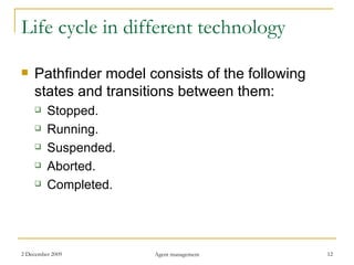 Life cycle in different technology Pathfinder model consists of the following states and transitions between them: Stopped. Running. Suspended. Aborted. Completed. 