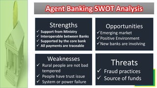 Strengths
 Support from Ministry
 Interoperable between Banks
 Supported by the core bank
 All payments are traceable
Opportunities
Emerging market
Positive Environment
New banks are involving
Weaknesses
 Rural people are not bad
tempered
 People have trust issue
 System or power failure
Threats
 Fraud practices
 Source of funds
Agent Banking SWOT Analysis
 