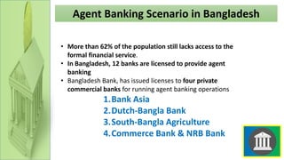Agent Banking Scenario in Bangladesh
• More than 62% of the population still lacks access to the
formal financial service.
• In Bangladesh, 12 banks are licensed to provide agent
banking
• Bangladesh Bank, has issued licenses to four private
commercial banks for running agent banking operations
1.Bank Asia
2.Dutch-Bangla Bank
3.South-Bangla Agriculture
4.Commerce Bank & NRB Bank
 