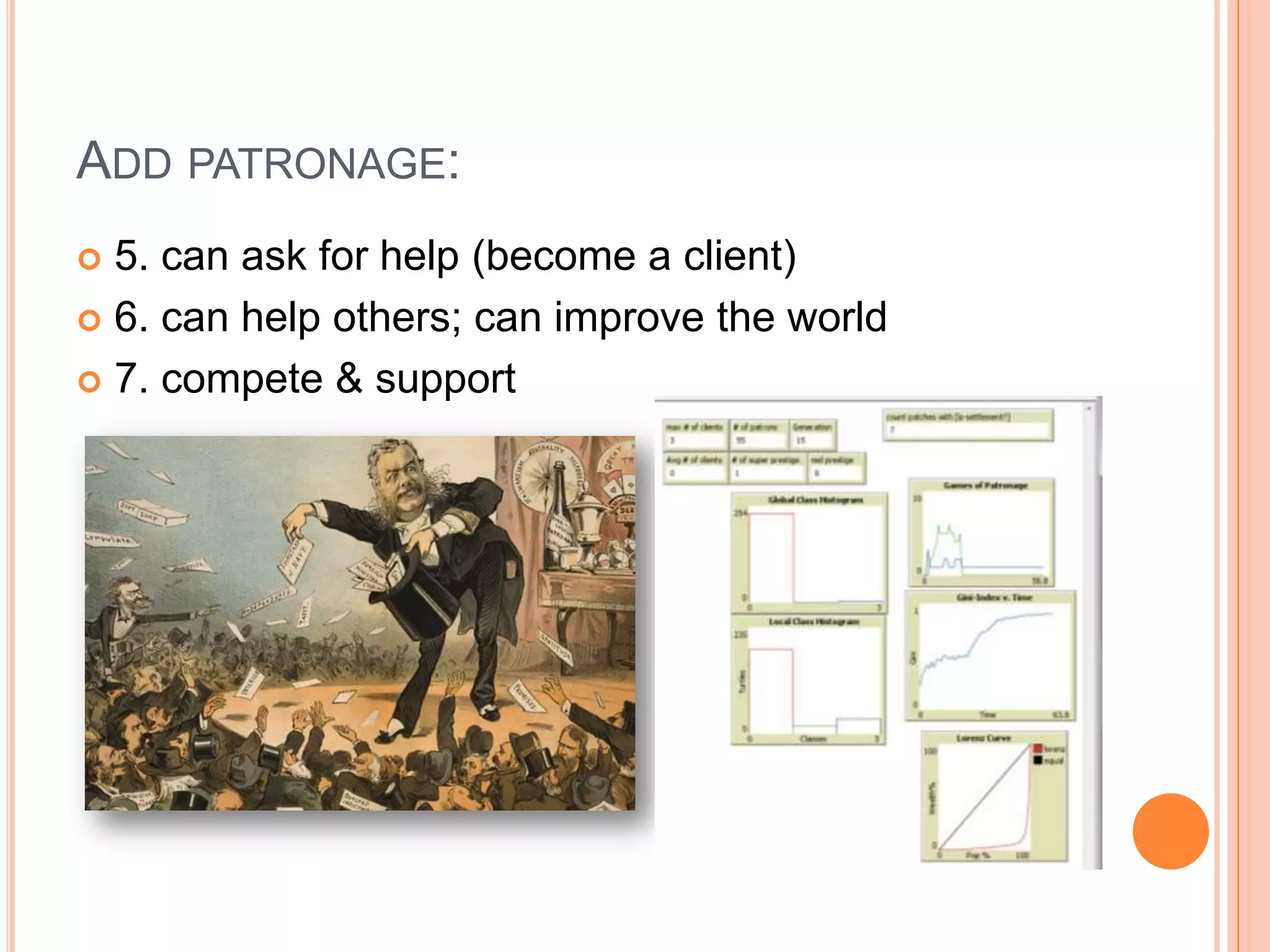 Add patronage:5. can ask for help (become a client)6. can help others; can improve the world7. compete & support