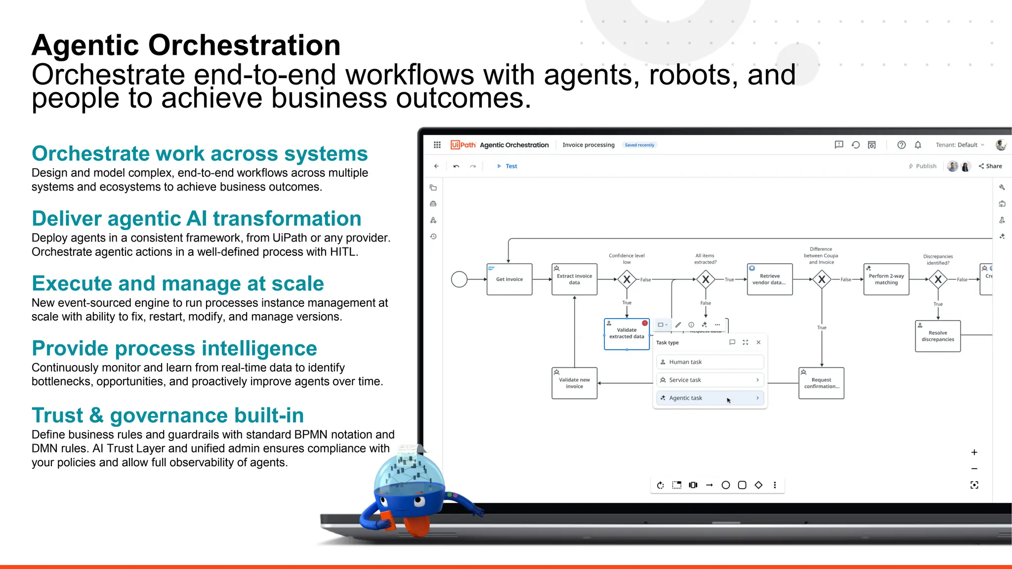 13
Agentic Orchestration
Orchestrate end-to-end workflows with agents, robots, and
people to achieve business outcomes.
Orchestrate work across systems
Design and model complex, end-to-end workflows across multiple
systems and ecosystems to achieve business outcomes.
Deliver agentic AI transformation
Deploy agents in a consistent framework, from UiPath or any provider.
Orchestrate agentic actions in a well-defined process with HITL.
Execute and manage at scale
New event-sourced engine to run processes instance management at
scale with ability to fix, restart, modify, and manage versions.
Provide process intelligence
Continuously monitor and learn from real-time data to identify
bottlenecks, opportunities, and proactively improve agents over time.
Trust & governance built-in
Define business rules and guardrails with standard BPMN notation and
DMN rules. AI Trust Layer and unified admin ensures compliance with
your policies and allow full observability of agents.
 