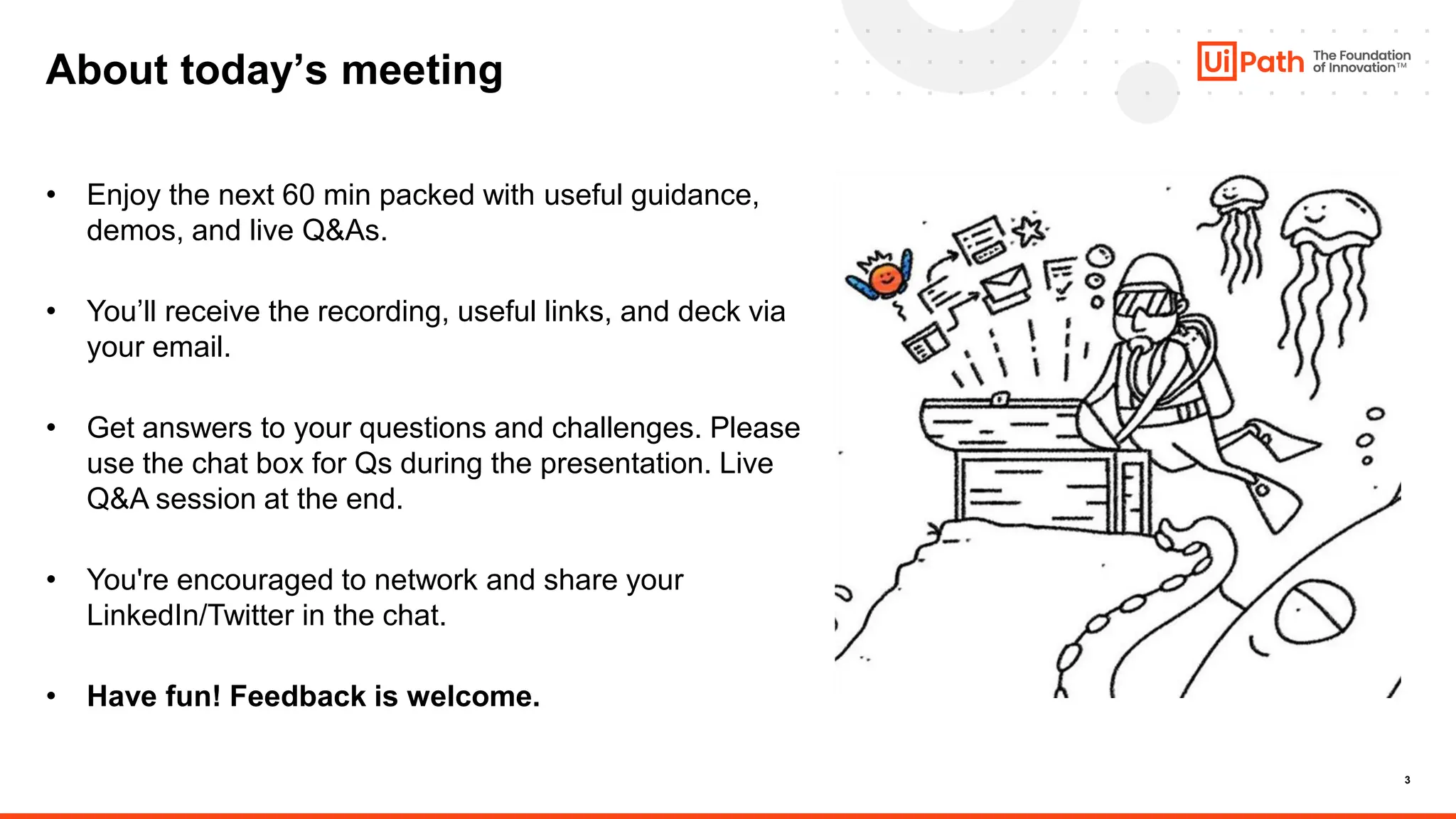 3
About today’s meeting
• Enjoy the next 60 min packed with useful guidance,
demos, and live Q&As.
• You’ll receive the recording, useful links, and deck via
your email.
• Get answers to your questions and challenges. Please
use the chat box for Qs during the presentation. Live
Q&A session at the end.
• You're encouraged to network and share your
LinkedIn/Twitter in the chat.
• Have fun! Feedback is welcome.
 