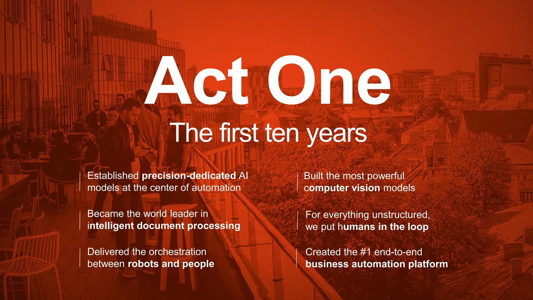 Act One
The first ten years
Established precision-dedicated AI
models at the center of automation
Built the most powerful
computer vision models
Became the world leader in
intelligent document processing
For everything unstructured,
we put humans in the loop
Delivered the orchestration
between robots and people
Created the #1 end-to-end
business automation platform
 