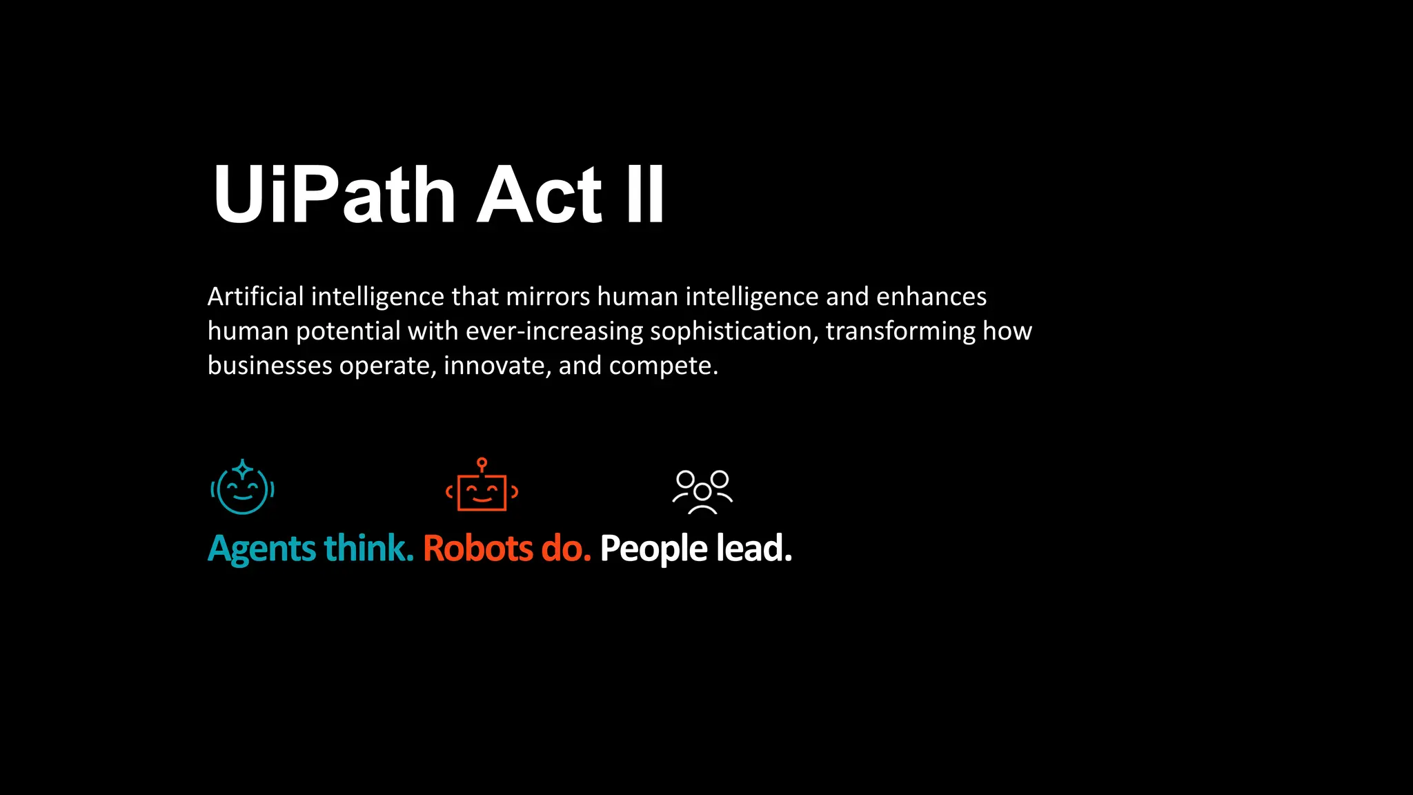 Artificial intelligence that mirrors human intelligence and enhances
human potential with ever-increasing sophistication, transforming how
businesses operate, innovate, and compete.
Agents think. Robots do. People lead.
UiPath Act II
 