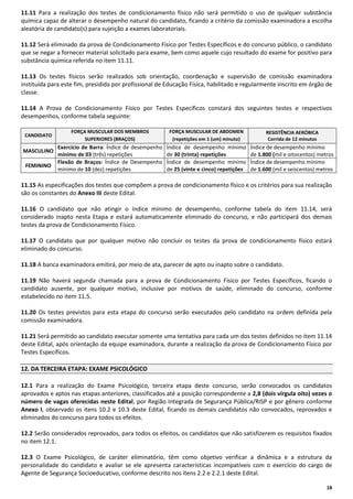 11.11 Para a realização dos testes de condicionamento físico não será permitido o uso de qualquer substância
química capaz de alterar o desempenho natural do candidato, ficando a critério da comissão examinadora a escolha
aleatória de candidato(s) para sujeição a exames laboratoriais.
11.12 Será eliminado da prova de Condicionamento Físico por Testes Específicos e do concurso público, o candidato
que se negar a fornecer material solicitado para exame, bem como aquele cujo resultado do exame for positivo para
substância química referida no item 11.11.
11.13 Os testes físicos serão realizados sob orientação, coordenação e supervisão de comissão examinadora
instituída para este fim, presidida por profissional de Educação Física, habilitado e regularmente inscrito em órgão de
classe.
11.14 A Prova de Condicionamento Físico por Testes Específicos constará dos seguintes testes e respectivos
desempenhos, conforme tabela seguinte:
CANDIDATO

MASCULINO
FEMININO

FORÇA MUSCULAR DOS MEMBROS
SUPERIORES (BRAÇOS)

FORÇA MUSCULAR DE ABDOMEN
(repetições em 1 (um) minuto)

RESISTÊNCIA AERÓBICA
Corrida de 12 minutos

Exercício de Barra: Índice de desempenho
mínimo de 03 (três) repetições
Flexão de Braços: Índice de Desempenho
mínimo de 10 (dez) repetições

Índice de desempenho mínimo
de 30 (trinta) repetições
Índice de desempenho mínimo
de 25 (vinte e cinco) repetições

Índice de desempenho mínimo
de 1.800 (mil e oitocentos) metros
Índice de desempenho mínimo
de 1.600 (mil e seiscentos) metros

11.15 As especificações dos testes que compõem a prova de condicionamento físico e os critérios para sua realização
são os constantes do Anexo III deste Edital.
11.16 O candidato que não atingir o índice mínimo de desempenho, conforme tabela do item 11.14, será
considerado inapto nesta Etapa e estará automaticamente eliminado do concurso, e não participará dos demais
testes da prova de Condicionamento Físico.
11.17 O candidato que por qualquer motivo não concluir os testes da prova de condicionamento físico estará
eliminado do concurso.
11.18 A banca examinadora emitirá, por meio de ata, parecer de apto ou inapto sobre o candidato.
11.19 Não haverá segunda chamada para a prova de Condicionamento Físico por Testes Específicos, ficando o
candidato ausente, por qualquer motivo, inclusive por motivos de saúde, eliminado do concurso, conforme
estabelecido no item 11.5.
11.20 Os testes previstos para esta etapa do concurso serão executados pelo candidato na ordem definida pela
comissão examinadora.
11.21 Será permitido ao candidato executar somente uma tentativa para cada um dos testes definidos no item 11.14
deste Edital, após orientação da equipe examinadora, durante a realização da prova de Condicionamento Físico por
Testes Específicos.
12. DA TERCEIRA ETAPA: EXAME PSICOLÓGICO
12.1 Para a realização do Exame Psicológico, terceira etapa deste concurso, serão convocados os candidatos
aprovados e aptos nas etapas anteriores, classificados até a posição correspondente a 2,8 (dois vírgula oito) vezes o
número de vagas oferecidas neste Edital, por Região Integrada de Segurança Pública/RISP e por gênero conforme
Anexo I, observado os itens 10.2 e 10.3 deste Edital, ficando os demais candidatos não convocados, reprovados e
eliminados do concurso para todos os efeitos.
12.2 Serão considerados reprovados, para todos os efeitos, os candidatos que não satisfizerem os requisitos fixados
no item 12.1.
12.3 O Exame Psicológico, de caráter eliminatório, têm como objetivo verificar a dinâmica e a estrutura da
personalidade do candidato e avaliar se ele apresenta características incompatíveis com o exercício do cargo de
Agente de Segurança Socioeducativo, conforme descrito nos itens 2.2 e 2.2.1 deste Edital.
18

 