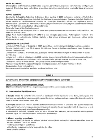 RACIOCÍNIO LÓGICO
1 Resolução de problemas envolvendo frações, conjuntos, porcentagens, sequências (com números, com figuras, de
palavras). 2 Raciocínio lógico-matemático: proposições, conectivos, equivalência e implicação lógica, argumentos
válidos.
NOÇÕES DE DIREITO
Constituição da República Federativa do Brasil, de 05 de outubro de 1988, e alterações posteriores: Título II: Dos
Direitos e Garantias Fundamentais; Capítulo I: Dos Direitos e Deveres Individuais e Coletivos; Capítulo II: Dos Direitos
Sociais; Capítulo III: Da Nacionalidade; Título III: Da Organização do Estado; Capítulo I: Da Organização PolíticoAdministrativa; Capítulo VII: Da Administração Pública; Seção I: Disposições Gerais; Seção II: Dos Servidores Públicos;
Título VIII: Da Ordem Social; Capítulo I: Disposição Geral;
Declaração Universal dos Direitos Humanos;
Lei Estadual nº 869, de 05 de julho de 1.952 e suas alterações posteriores - Estatuto dos Funcionários Públicos Civis
do Estado de Minas Gerais;
Código Penal Brasileiro (Decreto-Lei n° 2.848/40 e suas alterações posteriores). Parte Especial - Título XI – Dos
Crimes Contra a Administração Pública, Capítulo I. Dos crimes praticados por funcionário público contra
administração em geral;
CONHECIMENTOS ESPECÍFICOS
Lei Estadual nº 15.302, de 10 de agosto de 2.004, que instituiu a carreira de Agente de Segurança Socioeducativo;
Decreto Estadual n°44.371, de 07 de agosto de 2006, que fixa as atribuições específicas do cargo de agente de
segurança socioeducativo;
Lei Federal nº 8.069 de 13 de julho de 1990, que dispõe sobre o estatuto da criança e do adolescente e dá outras
providências;
Lei Federal nº 12.594, de 18 de janeiro de 2012, institui o Sistema Nacional de Atendimento Socioeducativo (Sinase),
regulamenta a execução das medidas socioeducativas destinadas a adolescente que pratique ato infracional;
Lei Federal n.º 9.455 de 07 de abril de 1.997 (Lei da Tortura) e alterações posteriores;
Adolescência e puberdade: aspectos biológicos, psicológicos e sociais. Juventude e violência no Brasil.
Desigualdades: classe, etnia e gênero.
Sistema de garantia de direitos. Mediação, gestão de conflitos e crise.

ANEXO III
ESPECIFICAÇÕES DA PROVA DE CONDICIONAMENTO FÍSICO POR TESTES ESPECÍFICOS
1 Força Muscular de Membros Superiores (braços)
Objetivo: medir de forma indireta a força muscular dos membros superiores do candidato.
1.1 Prova masculina: Exercício de Barra
a) Posição inicial: Ao comando “em posição”, o candidato deverá dependurar-se na barra, com pegada livre
(pronação ou supinação) e braços estendidos, podendo receber ajuda para atingir essa posição, devendo manter o
corpo na vertical e sem contato com o solo;
b) Execução: ao comando “iniciar”, o candidato flexionará simultaneamente os cotovelos até o queixo ultrapassar a
parte superior da barra. Em seguida, estenderá novamente os cotovelos até a posição inicial. O movimento só será
considerado completo após a total extensão dos cotovelos.
A não extensão total dos cotovelos, antes do início de uma nova execução, será considerada um movimento
incorreto, o qual não será computado no desempenho do candidato.
c) Não será permitido ao candidato:
- tocar com o(s) pé(s) no solo ou em qualquer parte de sustentação da barra após o início das execuções, sendo, no
entanto, permitida a flexão das pernas;
- receber qualquer tipo de ajuda física;
- utilizar luva(s) ou qualquer material para proteção das mãos;
- apoiar o queixo na barra.

31

 