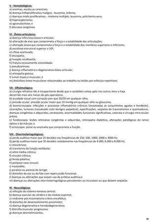 V - Hematológicos:
a) anemias, exceto as carenciais;
b) doença linfoproliferativa maligna - leucemia, linfoma;
c) doenças mielo proliferativas - mieloma múltiplo, leucemia, policitemia vera;
d) hiperesplenismo;
e) agranulocitose; e
f) discrasia sangüínea.
VI - Ósteo-articulares:
a) doença infecciosa óssea e articular;
b) alteração de eixo que comprometa a força e a estabilidade das articulações;
c) alteração óssea que comprometa a força e a estabilidade dos membros superiores e inferiores;
d) escoliose estrutural superior a 10º;
e) cifose acentuada;
f) discopatia;
g) luxação recidivante;
h) fratura viciosamente consolidada;
i) pseudoartrose;
j) doença inflamatória e degenerativa ósteo-articular;
k) artropatia gotosa;
l) tumor ósseo e muscular; e
m) distúrbios ósteo musculares relacionados ao trabalho ou lesões por esforços repetitivos.
VII - Oftalmológico:
a) cirurgia refrativa não é incapacitante desde que o candidato esteja apto nos outros itens e haja
decorrido mais seis meses de pós-operatório;
b) acuidade visual com correção pior que 20/20 em qualquer olho;
c) pressão ocular: pressão ocular maior que 19 mmHg em qualquer olho ou glaucoma;
d) biomicroscopia: infecções e processos inflamatórios crônicos (ressalvadas as conjuntivites agudas e hordéolo),
ulcerações, tumores (ressalvado cisto benigno palpebral), opacificações, seqüelas de traumatismos e queimaduras,
doenças congênitas e adquiridas, ceratocone, anormalidades funcionais significativas, catarata e cirurgia intra-ocular
prévia;
e) fundoscopia: lesões retinianas congênitas e adquiridas, retinopatia diabética, alterações patológicas do nervo
óptico e da mácula; e
f) ectoscopia: ptose ou anomalia que comprometa a função.
VIII - Otorrinolaringológicos:
a) perda auditiva maior que 25 decibéis nas freqüências de 250, 500, 1000, 2000 e 3000 Hz;
b) perda auditiva maior que 35 decibéis isoladamente nas freqüências de 4.000, 6.000 e 8.000 Hz;
c) otosclerose;
d) transtorno da função vestibular;
e) otite média crônica;
f) sinusite crônica;
g) fenda palatina;
h) polipose naso-sinusal;
i) mastoidite;
j) paralisia ou paresia da laringe;
k) distúrbio da voz ou da fala com repercussão funcional;
l) doenças ou alterações que exijam uso de prótese auditiva;e
m) doenças ou alterações otorrinolaringológicas persistentes ou incuráveis ou que deixem seqüelas.
IX - Neurológicos:
a) infecção do sistema nervoso central;
b) doença vascular do cérebro e da medula espinhal;
c) síndrome pós-traumatismo crânio-encefálico;
d) distúrbio do desenvolvimento psicomotor;
e) doença degenerativa e heredodegenerativa;
f) distrofia muscular progressiva;
g) doenças desmielinizantes;
34

 