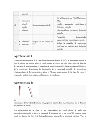    atenolol

                                                           En el Síndrome de Wolff-Parkinson-
          amiodarona                                       White
          sotalol                                         (sotalol:) taquicardias ventriculares y
III                        Bloqueo de canales de K+
          bretilio                                         fibrilación auricular
          nibentan                                        (nibentan:) flutter auricular y fibrilación
                                                            auricular

                                                           Prevención                  de taquicardia
                                                            supraventricular paroxística recurrente
          verapamil       bloqueo de los canales de
IV                                                         Reduce la velocidad de contracción
          diltiazem       Ca2+
                                                            ventricular en pacientes con fibrilación
                                                            auricular



Agentes clase I
Los agentes antiarrítmicos de la clase I interfieren con el canal de Na + y se agrupan de acuerdo al
tipo de efecto que tienen sobre el canal sumado al efecto que ello tiene sobre la duración
del potencial de acción cardíaco. A esta clase de antiarrítmicos se les llama agentes estabilizadores
de la membrana, describiendo la disminución de la capacidad excitable de la membrana
celular producto de los antiarrítmicos clase I. Algunos antiarrítmicos de la clase II, como el
propranolol también tiene efectos estabilizadores de membrana.



Agentes clase Ia




Disminución de la velóidad máxima (Vmax) por un agente clase Ia, extendiendo así la duración
del potencial de acción.

Los antiarrímicos de la clase Ia son bloqueadores del canal rápido de sodio con
una cinética intermedia, es decir su capacidad de disociarse no es tan veloz.3 El bloquear a este
canal, se deprime la fase 0 de la despolarización, reduciendo la velocidad máxima (Vmax) y
 