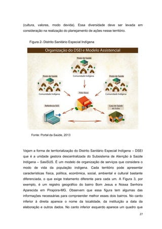 27
(cultura, valores, modo devida). Essa diversidade deve ser levada em
consideração na realização do planejamento de ações nesse território.
Figura 2- Distrito Sanitário Especial Indígena
Fonte: Portal da Saúde, 2013
Vejam a forma de territorialização do Distrito Sanitário Especial Indígena – DSEI
que é a unidade gestora descentralizada do Subsistema de Atenção à Saúde
Indígena – SasiSUS. É um modelo de organização de serviços que considera o
modo de vida da população indígena. Cada território pode apresentar
características física, política, econômica, social, ambiental e cultural bastante
diferenciada, o que exige tratamento diferente para cada um. A Figura 3, por
exemplo, é um registro geográfico do bairro Bom Jesus e Nossa Senhora
Aparecida em Pirapora-MG. Observem que essa figura tem algumas das
informações necessárias para compreender melhor esses dois bairros. No canto
inferior à direita aparece o nome da localidade, da instituição a data da
elaboração e outros dados. No canto inferior esquerdo aparece um quadro que
 