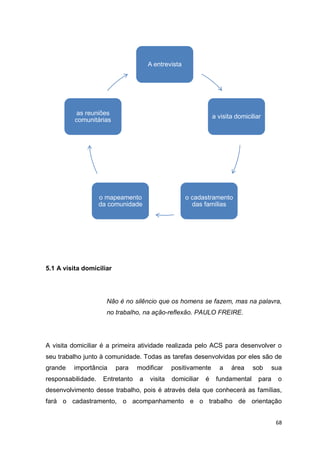 68
5.1 A visita domiciliar
Não é no silêncio que os homens se fazem, mas na palavra,
no trabalho, na ação-reflexão. PAULO FREIRE.
A visita domiciliar é a primeira atividade realizada pelo ACS para desenvolver o
seu trabalho junto à comunidade. Todas as tarefas desenvolvidas por eles são de
grande importância para modificar positivamente a área sob sua
responsabilidade. Entretanto a visita domiciliar é fundamental para o
desenvolvimento desse trabalho, pois é através dela que conhecerá as famílias,
fará o cadastramento, o acompanhamento e o trabalho de orientação
A entrevista
a visita domiciliar
o cadastramento
das famílias
o mapeamento
da comunidade
as reuniões
comunitárias
 