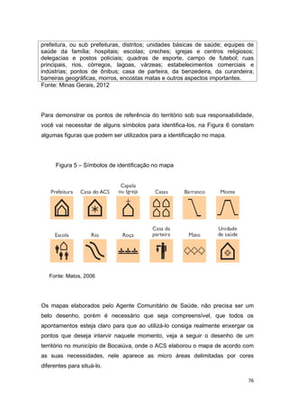 76
prefeitura, ou sub prefeituras, distritos; unidades básicas de saúde; equipes de
saúde da família; hospitais; escolas; creches; igrejas e centros religiosos;
delegacias e postos policiais; quadras de esporte, campo de futebol; ruas
principais, rios, córregos, lagoas, várzeas; estabelecimentos comerciais e
indústrias; pontos de ônibus; casa de parteira, da benzedeira, da curandeira;
barreiras geográficas, morros, encostas matas e outros aspectos importantes.
Fonte: Minas Gerais, 2012
Para demonstrar os pontos de referência do território sob sua responsabilidade,
você vai necessitar de alguns símbolos para identifica-los, na Figura 6 constam
algumas figuras que podem ser utilizados para a identificação no mapa.
Figura 5 – Símbolos de identificação no mapa
Fonte: Matos, 2006
Os mapas elaborados pelo Agente Comunitário de Saúde, não precisa ser um
belo desenho, porém é necessário que seja compreensível, que todos os
apontamentos esteja claro para que ao utilizá-lo consiga realmente enxergar os
pontos que deseja intervir naquele momento, veja a seguir o desenho de um
território no município de Bocaiúva, onde o ACS elaborou o mapa de acordo com
as suas necessidades, nele aparece as micro áreas delimitadas por cores
diferentes para situá-lo.
 