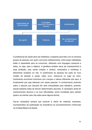 81
O profissional de saúde deve ser habilidoso o bastante para lidar com os diversos
grupos de pessoas com quem conviverá cotidianamente, entre essas habilidades
estão à capacidade para se comunicar, utilizando uma linguagem acessível a
todos, ou seja, clara e objetiva. A gentileza também deve ser imprescindível à
essa profissão, pois sendo simples e amável, conquistará a confiança e
dificilmente receberá um não. O acolhimento às pessoas faz parte do novo
modelo de atenção à saúde, saber ouvir, colocar-se no lugar do outro.
Certamente encontrará indivíduos com crenças e valores diferentes dos seus, é
fundamental que seja tolerante com essas pessoas. O conhecimento profundo
sobre o assunto que discutirá lhe dará tranquilidade para debatê-lo, portanto,
estude bastante antes de discutir determinados assuntos. É necessário ainda ter
conhecimentos técnicos e se tiver dificuldades, tenha humildade para solicitar
ajuda e se orientar caso não saiba sanar alguma dúvida.
Faz-se necessária sempre que possível à oferta de materiais impressos,
acompanhados da explicitação da importância do acompanhamento ininterrupto
na Unidade Básica de Saúde.
Capacidade de
comunicação
Linguagem
acessível, simples e
precisa
Acolhimento
Ser gentil Torência
Ter conhecimento
do assunto
 