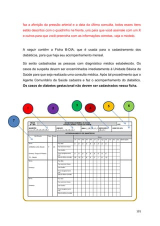 101
faz a aferição da pressão arterial e a data da última consulta, todos esses itens
estão descritos com o quadrinho na frente, uns para que você assinale com um X
e outros para que você preencha com as informações corretas, veja o modelo.
A seguir contêm a Ficha B-DIA, que é usada para o cadastramento dos
diabéticos, para que haja seu acompanhamento mensal.
Só serão cadastradas as pessoas com diagnóstico médico estabelecido. Os
casos de suspeita devem ser encaminhados imediatamente à Unidade Básica de
Saúde para que seja realizada uma consulta médica. Após tal procedimento que o
Agente Comunitário de Saúde cadastra e faz o acompanhamento do diabético.
Os casos de diabetes gestacional não devem ser cadastrados nessa ficha.
7
1 2
3
4
5 6
 