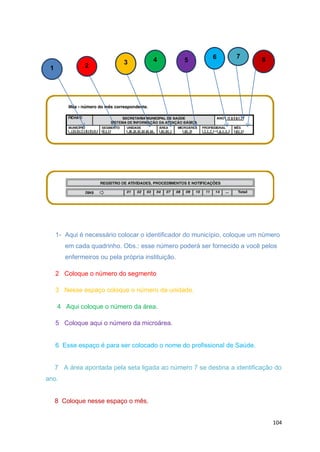 104
1- Aqui é necessário colocar o identificador do município, coloque um número
em cada quadrinho. Obs.: esse número poderá ser fornecido a você pelos
enfermeiros ou pela própria instituição.
2 Coloque o número do segmento
3 Nesse espaço coloque o número da unidade.
4 Aqui coloque o número da área.
5 Coloque aqui o número da microárea.
6 Esse espaço é para ser colocado o nome do profissional de Saúde.
7 A área apontada pela seta ligada ao número 7 se destina a identificação do
ano.
8 Coloque nesse espaço o mês.
1 2
3 4 5 6 7
8
 