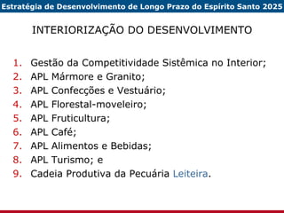 INTERIORIZAÇÃO DO DESENVOLVIMENTO Gestão da Competitividade Sistêmica no Interior; APL Mármore e Granito; APL Confecções e Vestuário; APL Florestal-moveleiro; APL Fruticultura; APL Café; APL Alimentos e Bebidas; APL Turismo; e Cadeia Produtiva da Pecuária  Leiteira . Estratégia de Desenvolvimento de Longo Prazo do Espírito Santo 2025 
