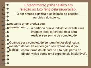 Entendimento psicanalítico em relação ao luto feito pela separação.   “ O ser amado significa a satisfação da escolha narcisica do sujeito,  enquanto amar produz seu esvaziamento,  a partir do qual o indivíduo inventa uma imagem ideal e acredita nela para realizar seu sonho de completude.  Quando essa completude se torna impossível, cada membro da família endereça o seu drama ao litígio judicial,  como forma de elaborar o luto pela perda do objeto, vivido como uma experiência intolerável”. 