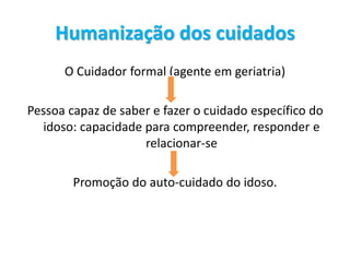 Humanização dos cuidados
O Cuidador formal (agente em geriatria)
Pessoa capaz de saber e fazer o cuidado específico do
idoso: capacidade para compreender, responder e
relacionar-se
Promoção do auto-cuidado do idoso.
 
