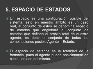 5. ESPACIO DE ESTADOSUn espacio es una configuración posible del sistema, esto en nuestro ámbito es un caso real, al conjunto de éstos se denomina espacio de estados que englobará el conjunto de estados que definen el ámbito total de nuestro agente, es decir el conjunto de todas las combinaciones posible Agente – Estado.El espacio de estados es la totalidad de la farmacia, pues el agente puede posicionarse en cualquier lado del mismo.