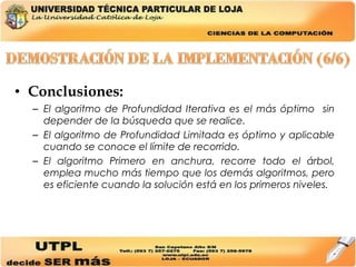 Conclusiones: El algoritmo de Profundidad Iterativa es el más óptimo  sin depender de la búsqueda que se realice. El algoritmo de Profundidad Limitada es óptimo y aplicable cuando se conoce el límite de recorrido. El algoritmo Primero en anchura, recorre todo el árbol, emplea mucho más tiempo que los demás algoritmos, pero es eficiente cuando la solución está en los primeros niveles.   