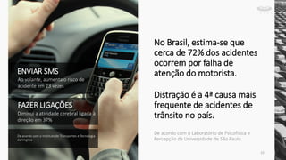 Ao volante, aumenta o risco de
acidente em 23 vezes
ENVIAR SMS
FAZER LIGAÇÕES
Diminui a atividade cerebral ligada à
direção em 37%
De acordo com o Instituto de Transportes e Tecnologia
da Virgínia
No Brasil, estima-se que
cerca de 72% dos acidentes
ocorrem por falha de
atenção do motorista.
De acordo com o Laboratório de Psicofísica e
Percepção da Universidade de São Paulo.
Distração é a 4ª causa mais
frequente de acidentes de
trânsito no país.
22
 