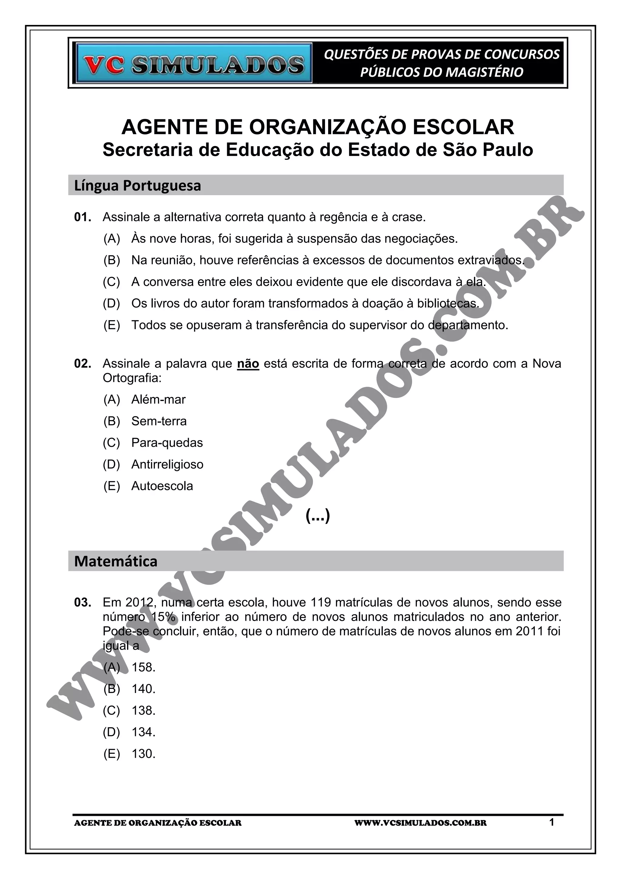 AGENTE DE ORGANIZAÇÃO ESCOLAR - SEE/SP - SIMULADO DIGITAL PARA ...
