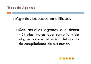 Tipos de Agentes
Agentes basados en utilidad.
Son aquellos agentes que tienen
20
20 /35
/35
Son aquellos agentes que tienen
múltiples metas que cumplir, mide
el grado de satisfacción del grado
de cumplimiento de sus metas.
 