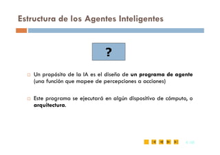 Estructura de los Agentes Inteligentes
 Un propósito de la IA es el diseño de un programa de agente
(una función que mapee de percepciones a acciones)
?
6
6 /35
/35
Un propósito de la IA es el diseño de un programa de agente
(una función que mapee de percepciones a acciones)
 Este programa se ejecutará en algún dispositivo de cómputo, o
arquitectura.
 