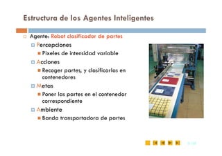 Estructura de los Agentes Inteligentes
 Agente: Robot clasificador de partes
 Percepciones
 Pixeles de intensidad variable
 Acciones
 Recoger partes, y clasificarlas en
contenedores
9
9 /35
/35
contenedores
 Metas
 Poner las partes en el contenedor
correspondiente
 Ambiente
 Banda transportadora de partes
 