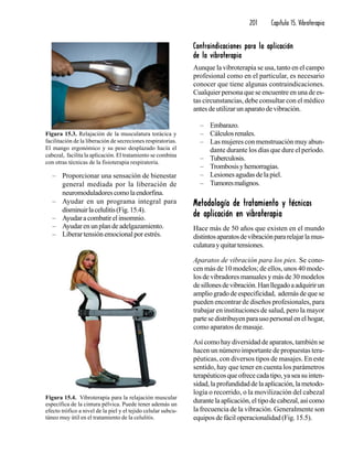 201 Capítulo 15. Vibroterapia
Figura 15.3. Relajación de la musculatura torácica y
facilitación de la liberación de secreciones respiratorias.
El mango ergonómico y su peso desplazado hacia el
cabezal, facilita la aplicación. El tratamiento se combina
con otras técnicas de la fisioterapia respiratoria.
– Proporcionar una sensación de bienestar
general mediada por la liberación de
neuromoduladorescomolaendorfina.
– Ayudar en un programa integral para
disminuirlacelulitis(Fig.15.4).
– Ayudaracombatirelinsomnio.
– Ayudarenunplandeadelgazamiento.
– Liberar tensión emocional por estrés.
Contraindicaciones para la aplicaciónContraindicaciones para la aplicaciónContraindicaciones para la aplicaciónContraindicaciones para la aplicaciónContraindicaciones para la aplicación
de la vibroterapiade la vibroterapiade la vibroterapiade la vibroterapiade la vibroterapia
Aunque la vibroterapia se usa, tanto en el campo
profesional como en el particular, es necesario
conocer que tiene algunas contraindicaciones.
Cualquier persona que se encuentre en una de es-
tas circunstancias, debe consultar con el médico
antes de utilizar un aparato de vibración.
– Embarazo.
– Cálculosrenales.
– Las mujeres con menstruación muy abun-
dante durante los días que dure el período.
– Tuberculosis.
– Trombosisyhemorragias.
– Lesiones agudas de la piel.
– Tumoresmalignos.
Metodología de tratamiento y técnicasMetodología de tratamiento y técnicasMetodología de tratamiento y técnicasMetodología de tratamiento y técnicasMetodología de tratamiento y técnicas
de aplicación en vibroterapiade aplicación en vibroterapiade aplicación en vibroterapiade aplicación en vibroterapiade aplicación en vibroterapia
Hace más de 50 años que existen en el mundo
distintosaparatosdevibraciónpararelajarlamus-
culaturayquitartensiones.
Aparatos de vibración para los pies. Se cono-
cen más de 10 modelos; de ellos, unos 40 mode-
los de vibradores manuales y más de 30 modelos
desillonesdevibración.Hanllegadoaadquirirun
amplio grado de especificidad, además de que se
pueden encontrar de diseños profesionales, para
trabajar en instituciones de salud, pero la mayor
partesedistribuyenparausopersonalenelhogar,
como aparatos de masaje.
Así como hay diversidad de aparatos, también se
hacen un número importante de propuestas tera-
péuticas, con diversos tipos de masajes. En este
sentido, hay que tener en cuenta los parámetros
terapéuticosqueofrececadatipo,yaseasuinten-
sidad,laprofundidaddelaaplicación,lametodo-
logía o recorrido, o la movilización del cabezal
durantelaaplicación,eltipodecabezal,asícomo
la frecuencia de la vibración. Generalmente son
equipos de fácil operacionalidad (Fig. 15.5).
Figura 15.4. Vibroterapia para la relajación muscular
específica de la cintura pélvica. Puede tener además un
efecto trófico a nivel de la piel y el tejido celular subcu-
táneo muy útil en el tratamiento de la celulitis.
 