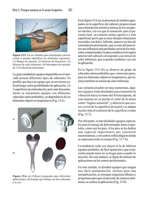 Parte 5. Principio mecánico en la acción terapéutica 202
Figura 15.5. En un vibrador para fisioterapia conven-
cional se pueden identificar los elementos siguientes:
(1) Mango de sujeción. (2) Selector de frecuencia. (3)
Selector de calor infrarrojo. (4) Interruptor de encendi-
do. (5) Cabezal de tratamiento.
Lagrancantidaddeequiposdisponiblesenelmer-
cado poseen diferentes tipos de cabezales. Es
posible que haya un equipo que en un mismo ca-
bezaltengavariasposibilidadesdeaplicación,2ó
3superficiesdeestimulación;peromásfrecuente-
mente se encuentran equipos con diferentes
cabezalesintercambiables,endependenciadelos
diferentes objetivos terapéuticos (Fig. 15.6).
Figura 15.6. (a) Cabezal preparado para diferentes
aplicaciones. (b) Equipo que trabaja con dos cabezales
a la vez.
Enlafigura15.6(a),lapresenciadenódulosagru-
pados en la superficie del cabezal, proporcionan
unaestimulaciónsensitivaintensadelosrecepto-
res táctiles, a la vez que la sensación para el pa-
ciente tiene un carácter menos agresivo y más
superficial;porloqueesmuyútilparasituaciones
asociadas con dolor.Además, aparece un área de
estimulación prominente, que es más útil para te-
nerunainfluenciamásprofundaaniveldelosmús-
culoscontracturados;laplacametálicaenlaregión
anterior del cabezal corresponde a un emisor de
calor infrarrojo, que se puede combinar o no con
laaplicación.
En la figura 15.6 (b) se observa un grupo de
cabezales intercambiables que vienen por pares,
para los diferentes objetivos terapéuticos, que in-
cluyetambiénunemisordecalorinfrarrojo.
Las variantes pueden ser muy numerosas, algu-
nos equipos están diseñados para transmitir la
vibración hacia la mano del fisioterapeuta, de
esta manera no se pierde el valor de la mano
como “órgano sensorial”, y detecta lo que ocu-
rre a nivel de la superficie de la piel y se adapta
mucho más al contorno de la superficie a tratar
(Fig. 15.7).
Por otra parte, se han diseñado equipos especia-
les para el masaje de determinadas áreas corpo-
rales, como son los pies.Alos pies se les dedica
una especial importancia por constituir
microsistemas,ysercentrosreflexológicosdonde
se representa todo el cuerpo (Fig. 15.7 b).
La tendencia cada vez mayor es la de fabricar
equipos portátiles, de fácil operación y que el pa-
ciente pueda tener en su hogar para cuando lo
necesite. De esta manera, se dejan de realizar las
aplicacionesenloscentrosprofesionales.
En este sentido, se diseñan equipos que tengan
una fácil manipulación, incluso para una
autoaplicación, se entregan esquemas dibujos y
programas para que el paciente de manera autó-
noma,serealicelaaplicación(Fig.15.8).
a)
b)
 