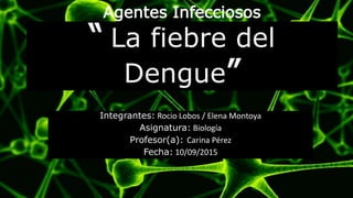 Agentes Infecciosos
“ La fiebre del
Dengue”
Integrantes: Rocio Lobos / Elena Montoya
Asignatura: Biología
Profesor(a): Carina Pérez
Fecha: 10/09/2015
 